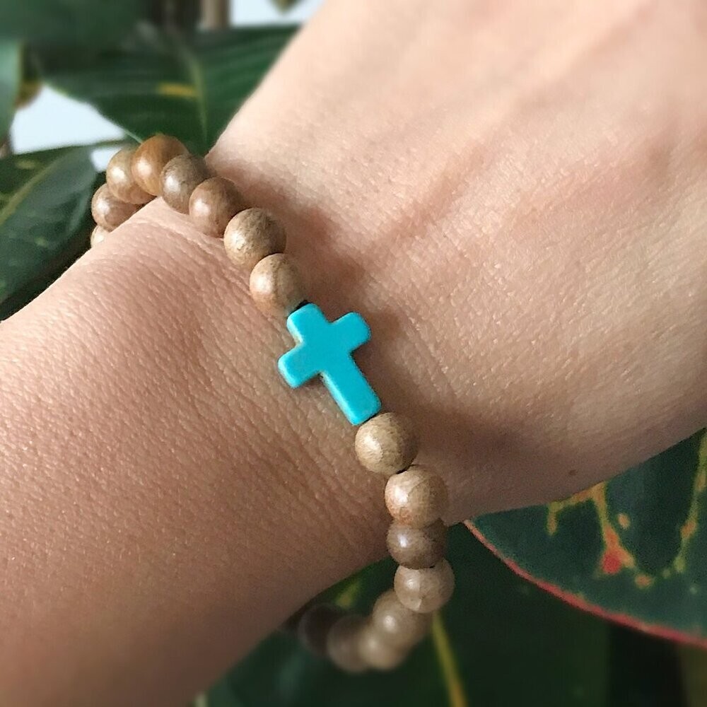 Wood Bead Stretch Bracelet with Turquoise Sideways Cross Boho Handmade Unisex